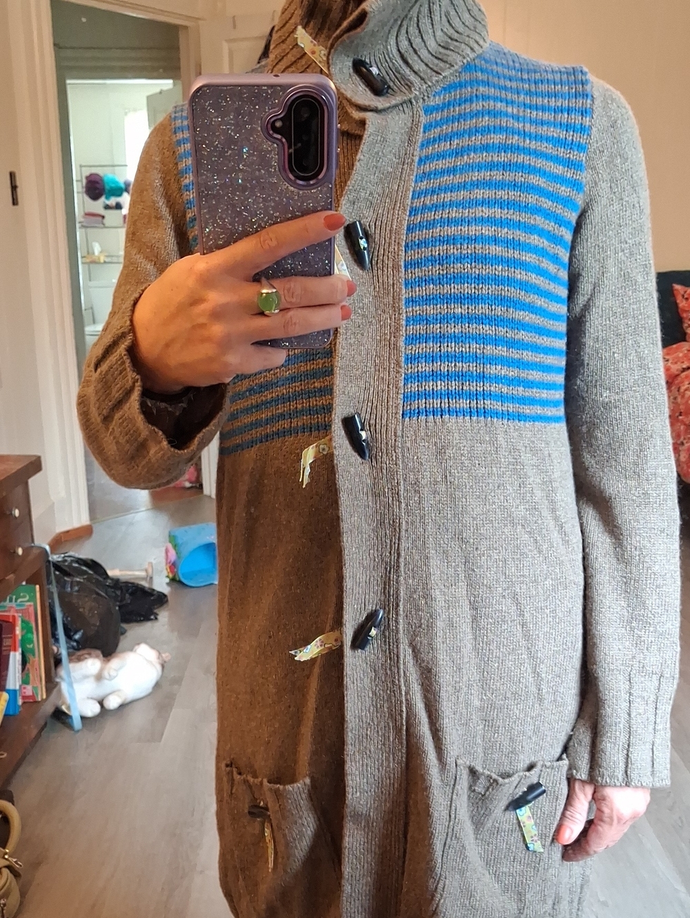 Two-Tone Knit Longline Sweater Cardigan with Blue Stripe Detail